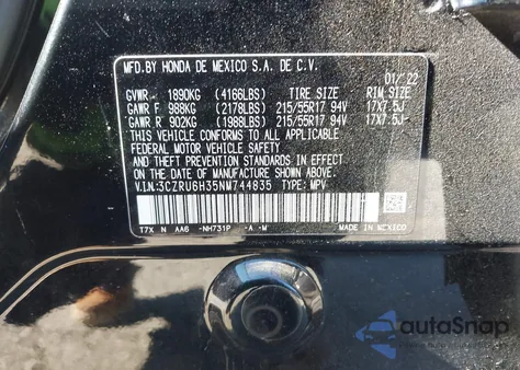 2022 Honda Hr-V Awd Lx from USA, damaged, VIN 3CZRU6H35NM744835